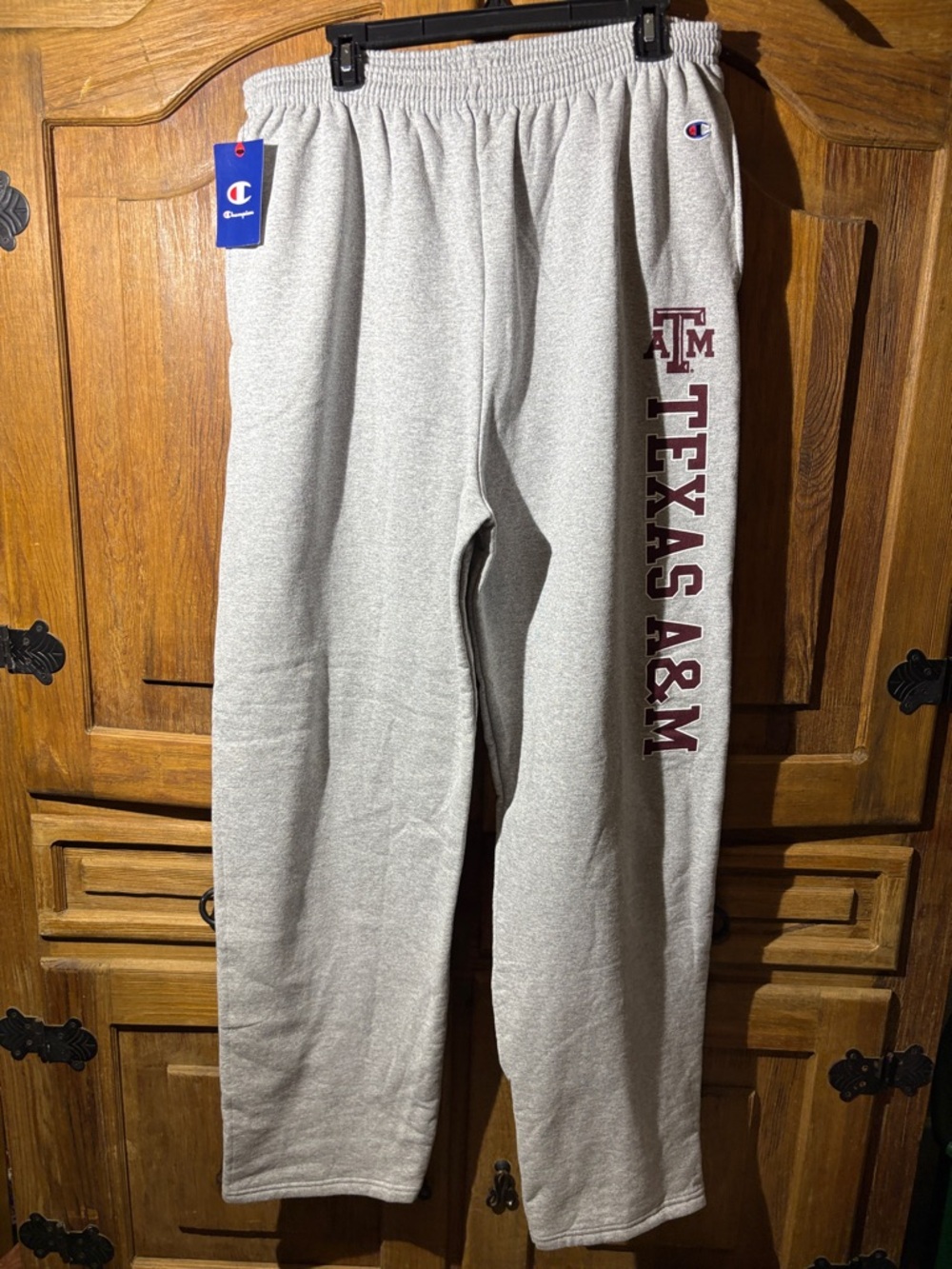 Champion Light Gray Sweatpants with Maroon Texas A&M Vertical Logo